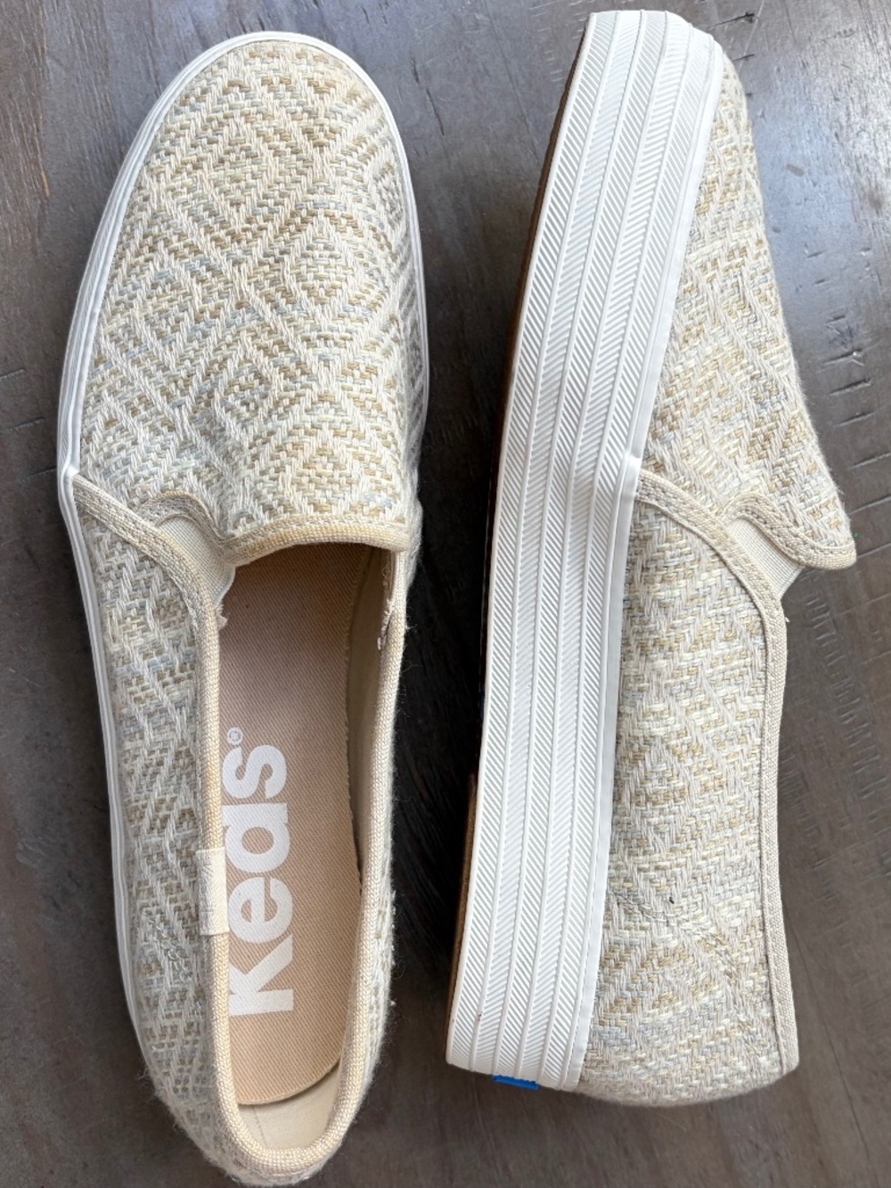 Keds Triple Decker Slip-On Sneakers in Tan, Woven Print.